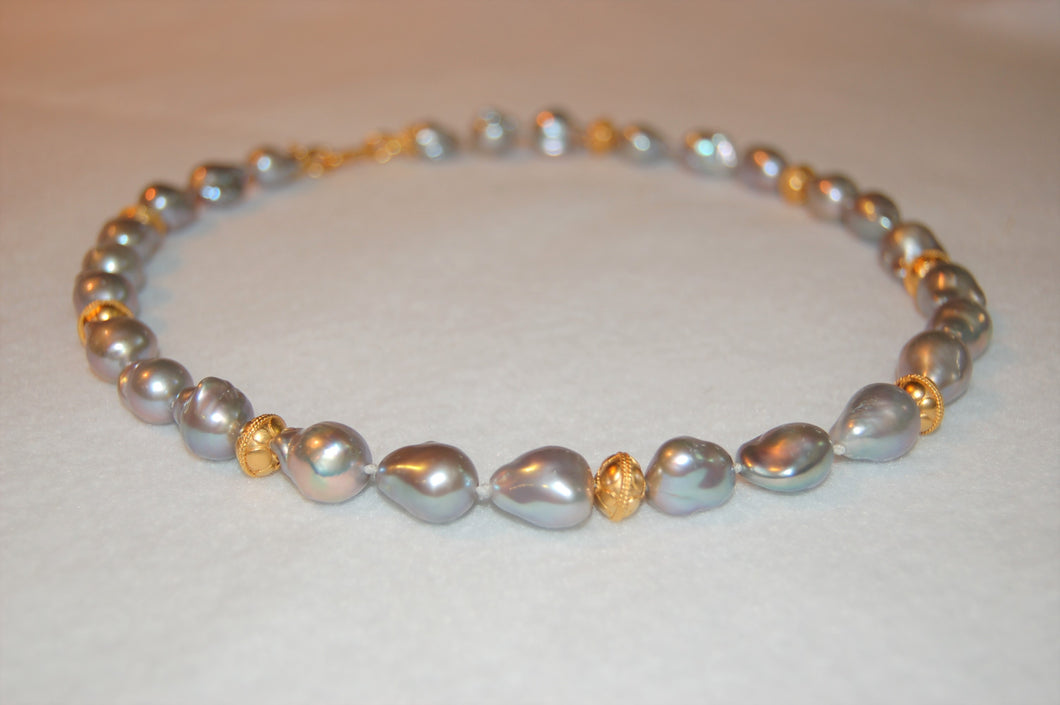 Gray Baroque Pearl and Bali Bead Tin Cup Necklace