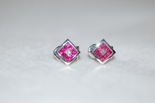 Ruby and Diamond Square Stud Earrings