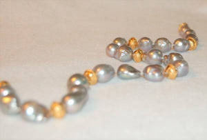 Gray Baroque Pearl and Bali Bead Tin Cup Necklace
