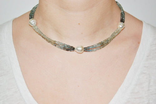 South Sea Pearl and Moss Aquamarine Ribbon Necklace