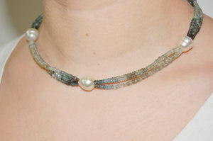South Sea Pearl and Moss Aquamarine Ribbon Necklace