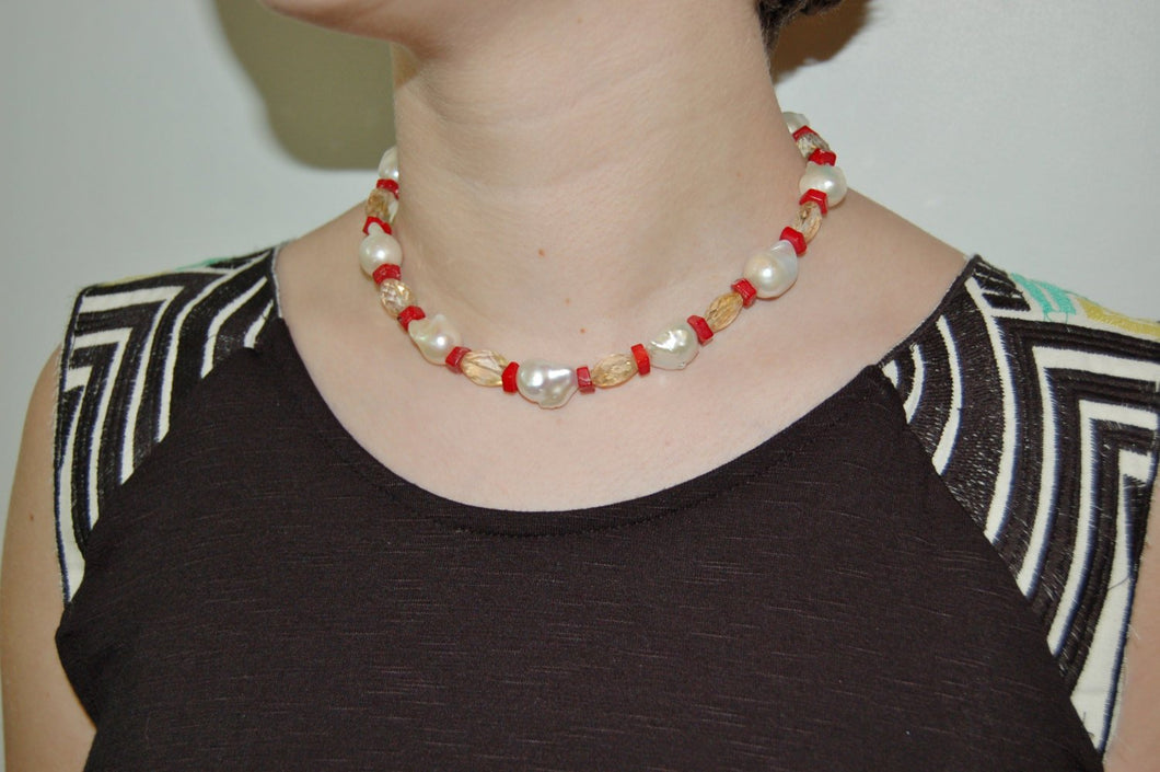 Sea and Earth Choker (Coral, Baroque Pearl and Citrine Choker)