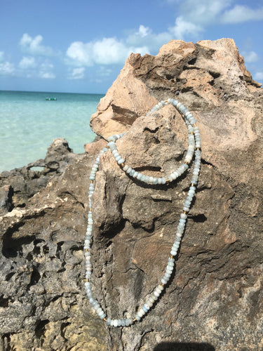 Long Aquamarine Rondell and Gold Bead Necklace